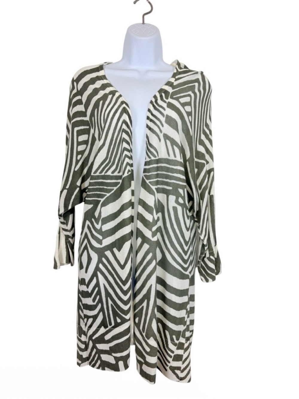 Chico’s Size 2 Green White Abstract Zebra Print Open Front Cardigan Kimono